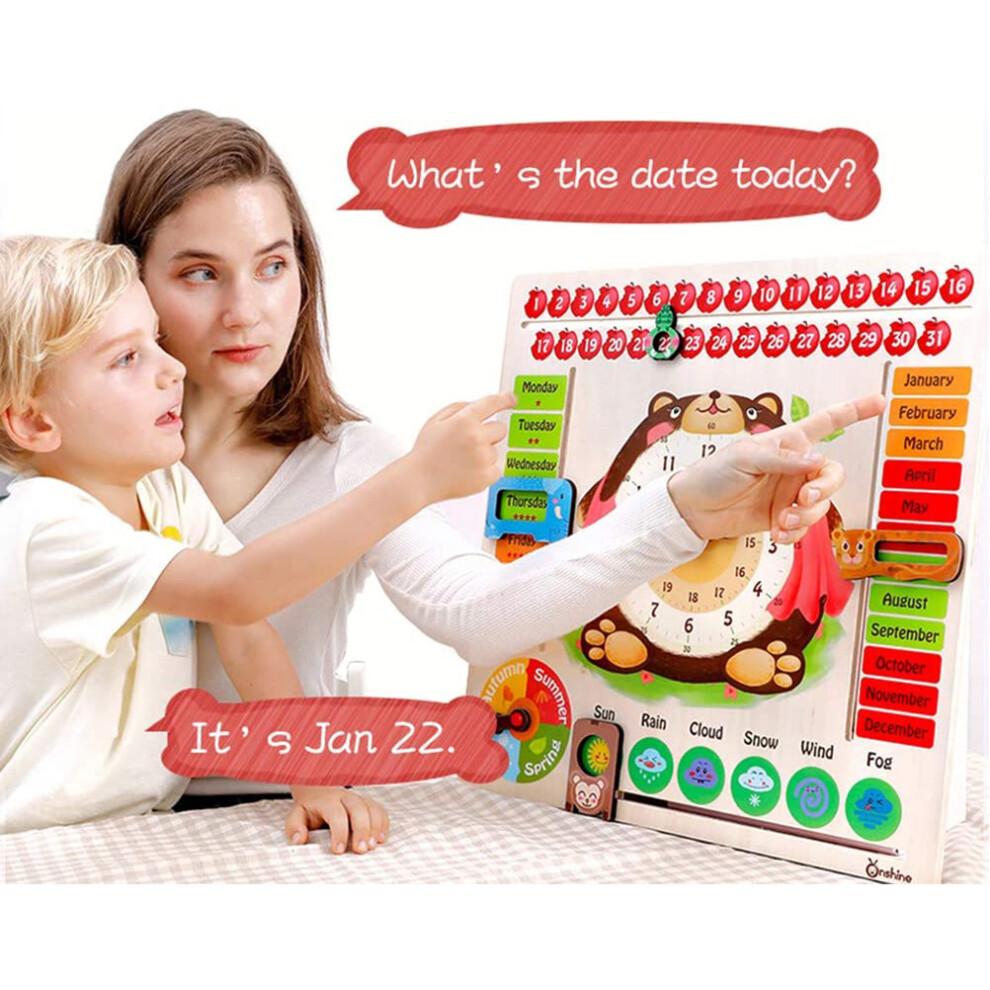 Kids Calendar Board Wooden Clock Toy Time Date