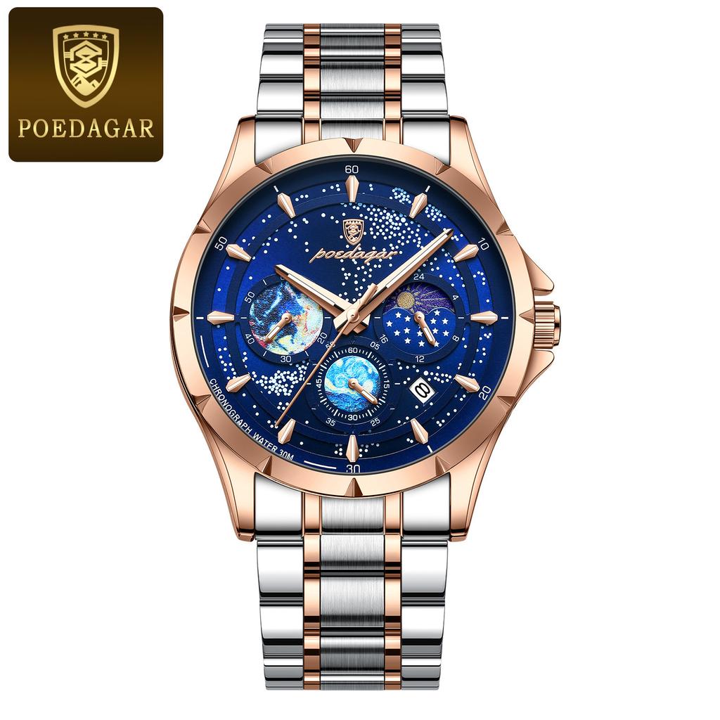 POEDAGAR Luxusní pánské náramkové hodinky Luminiscenční Vodotěsné Chronograf Datum Pánské hodinky Nerezová ocel/Kožený řemínek Pánské křemenné hodinky