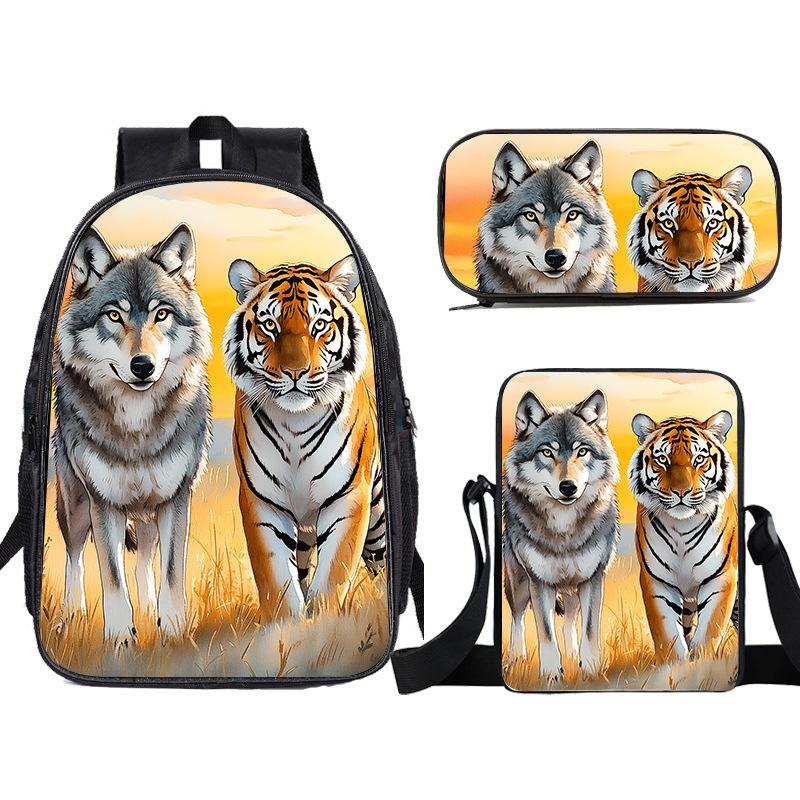 Sac à dos grande capacité tigre de dessin animé sac à dos école primaire, ensemble trois pièces sac à dos enfant sac à bandoulière trousse