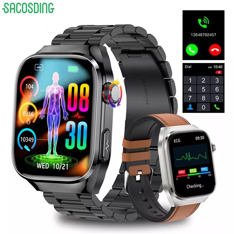 SACOSDING Smartwatch ECG+PPG Połączenie Bluetooth 2,04” HD Tętno Tlen we Krwi Ciśnienie Krwi Temperatura Ciała Sport Fitness Smartwatch