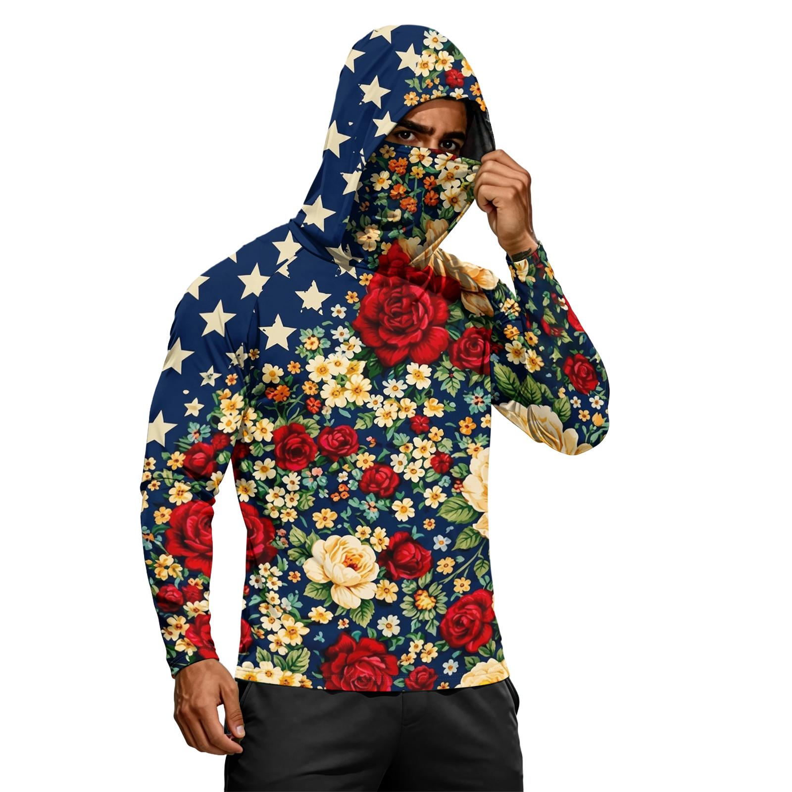 

Men s Long Sleeve Lightweight Hoodie with Drawstring Hood and Face Covering Flag Print Casual Pullover Top XL