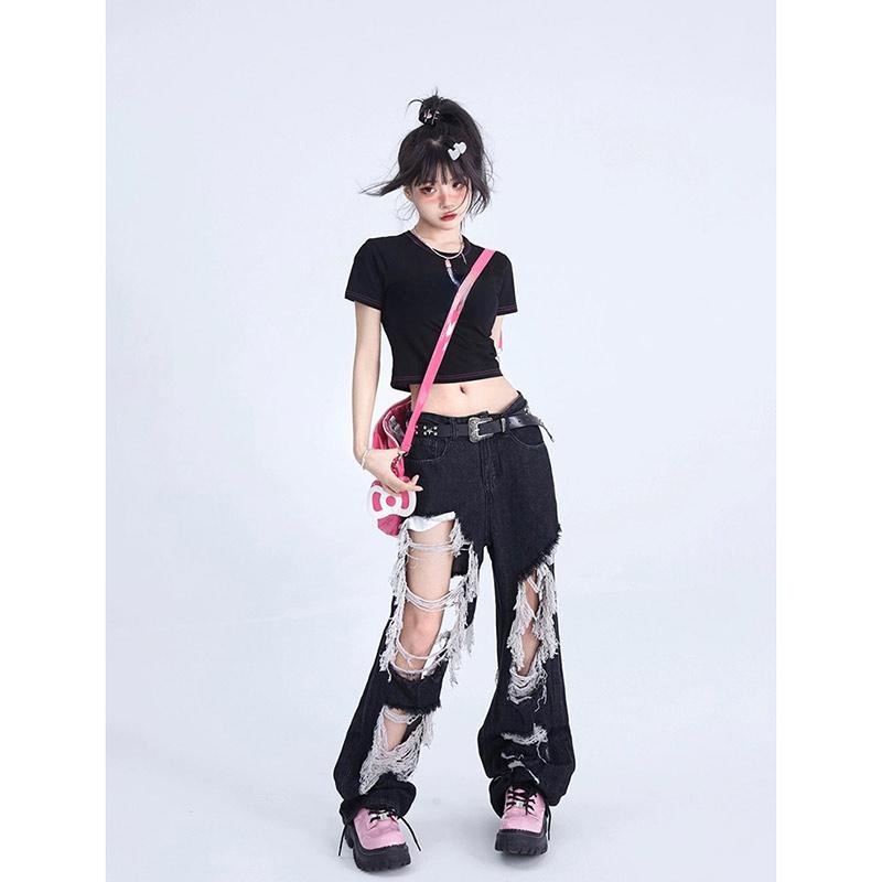 Women Gothic Black Jeans High Waist Vintage Korean Fashion Y2k Streetwear Ripped Pants Harajuku Casual Wide Leg Denim Trousers