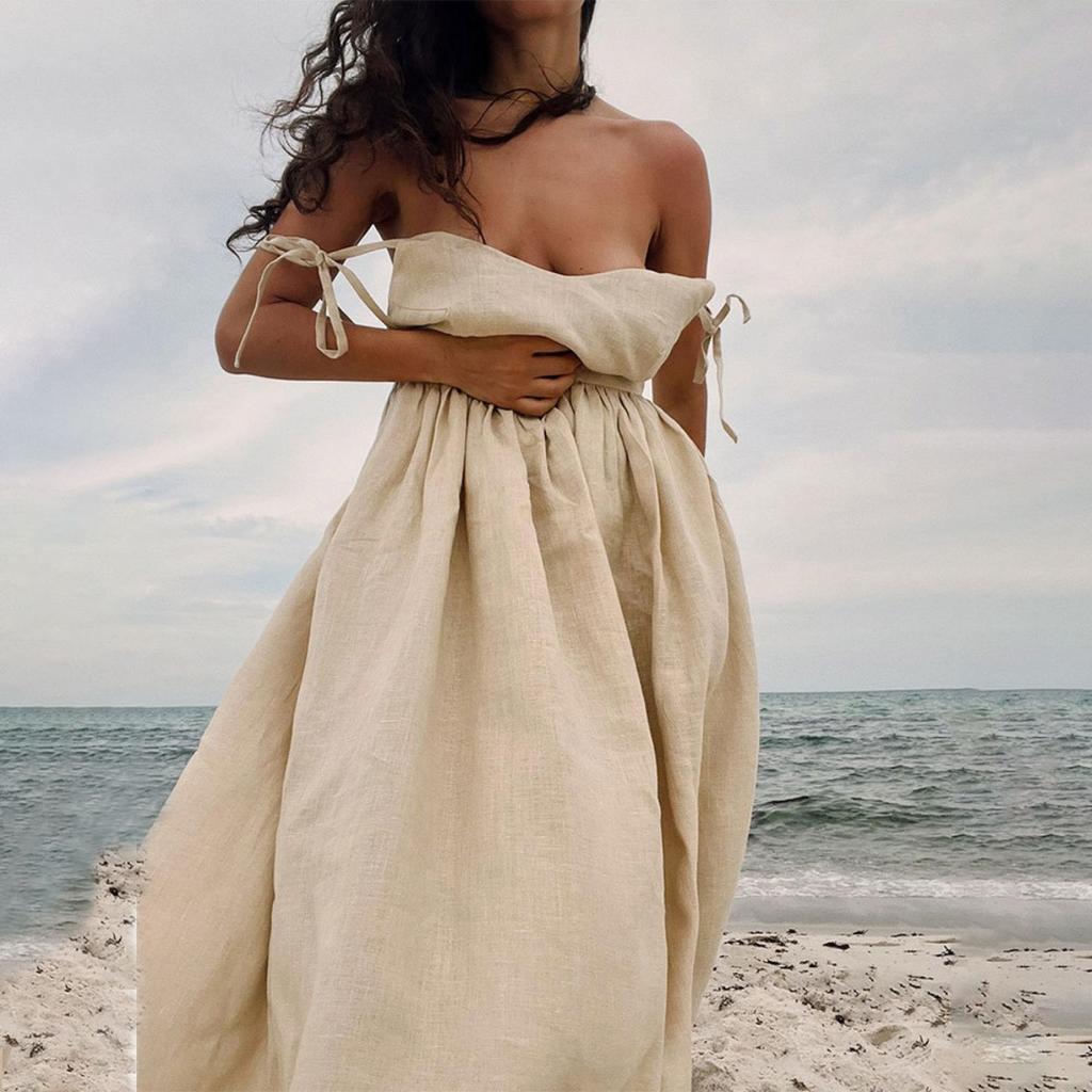 Spring New 100% Cotton V-neck Cami Dress, Women's Elegant Sexy Tie-back Open Back Dress, Cross-border European American Style