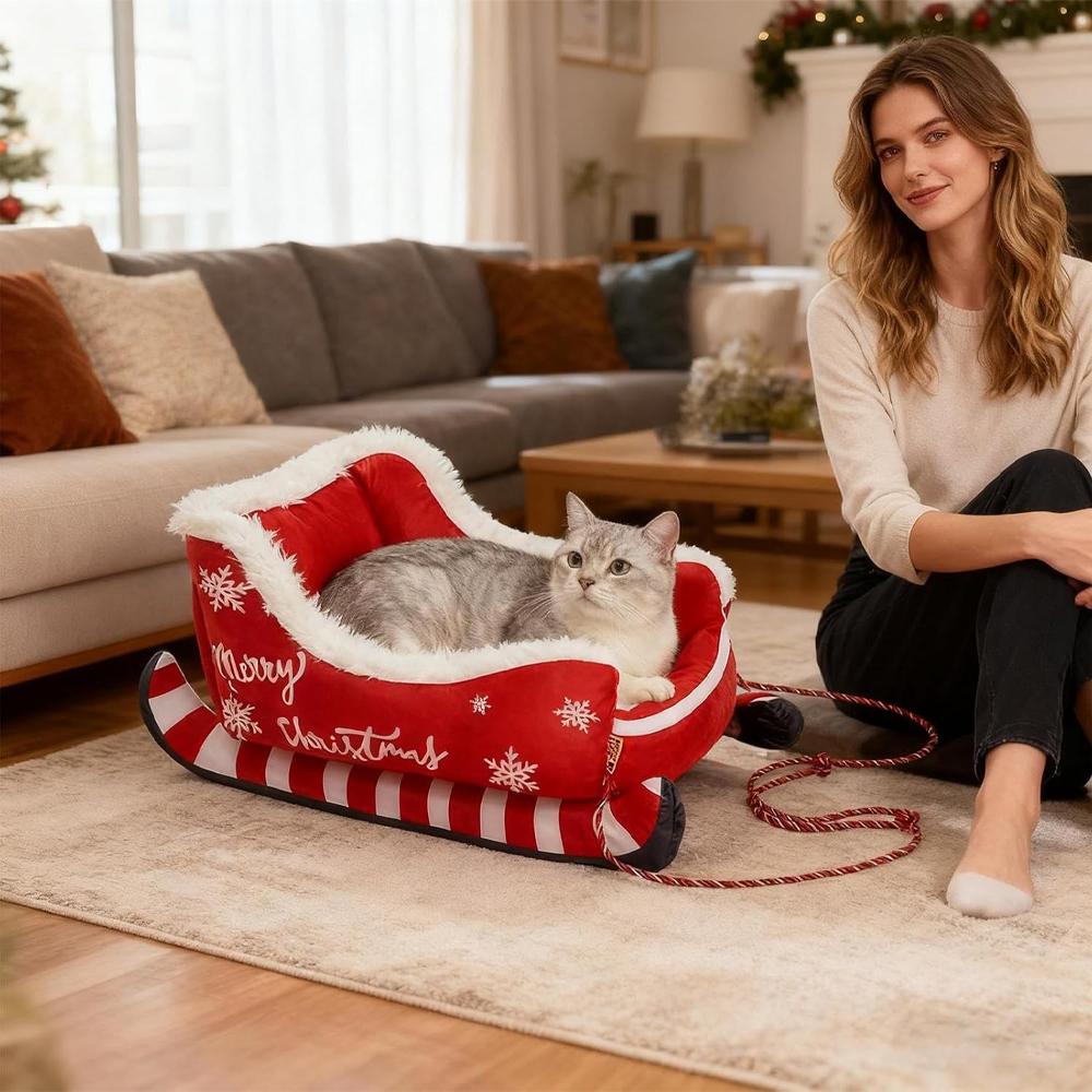 Christmas Sleigh Bed Removable Washable Plush Pet Warm Sofa with Non-Slip Base Christmas Cat Dog Nest for Winter Indoor Outdoor