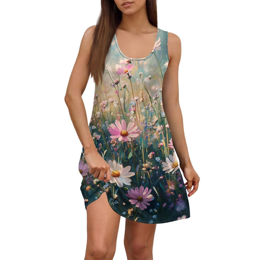 Damen Sommerkleid, lässig, quadratischer Ausschnitt, Blumendruck, ärmellos, mit Taschen