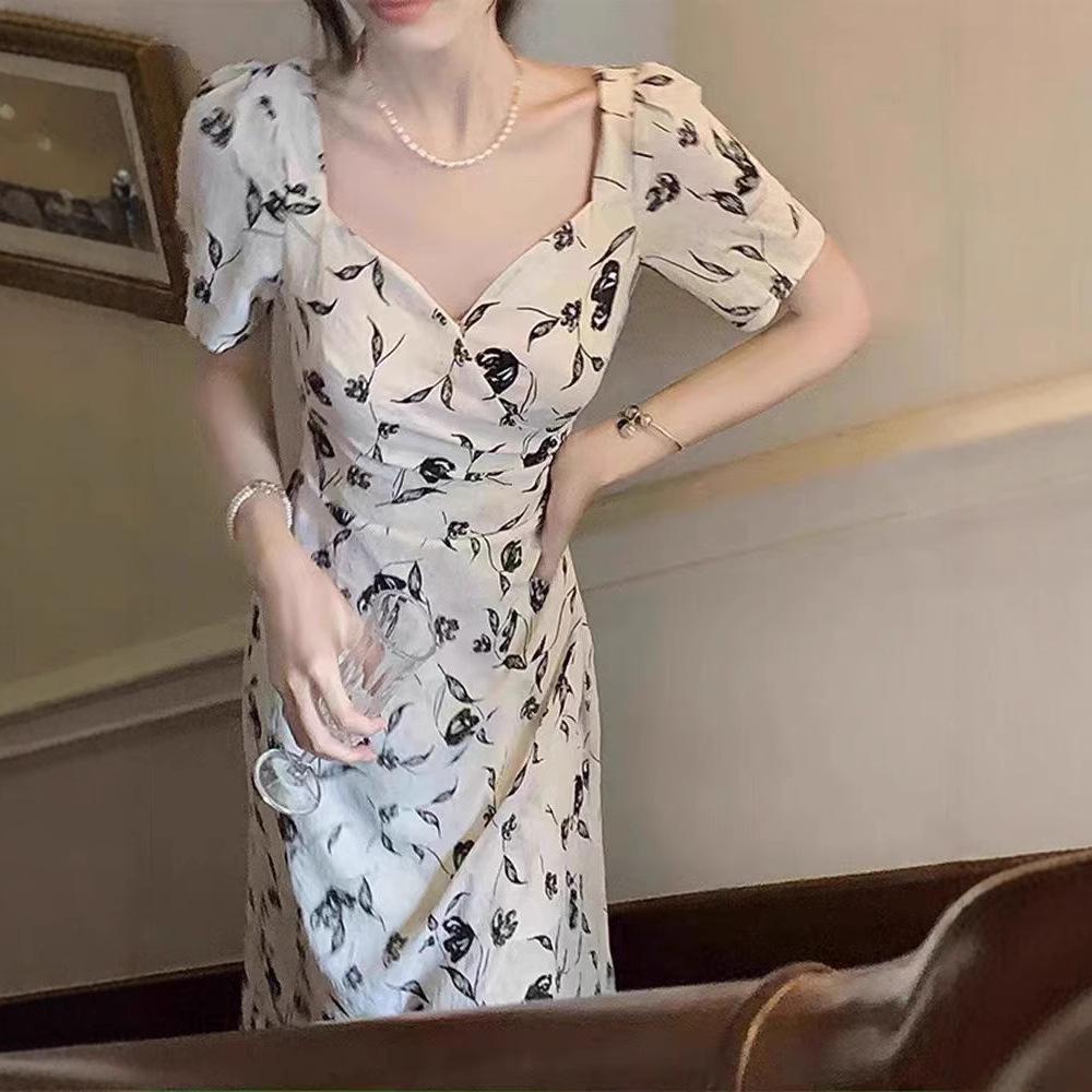 Square collar coffee break French dress women's summer new irregular split fork meat cover thin floral skirt