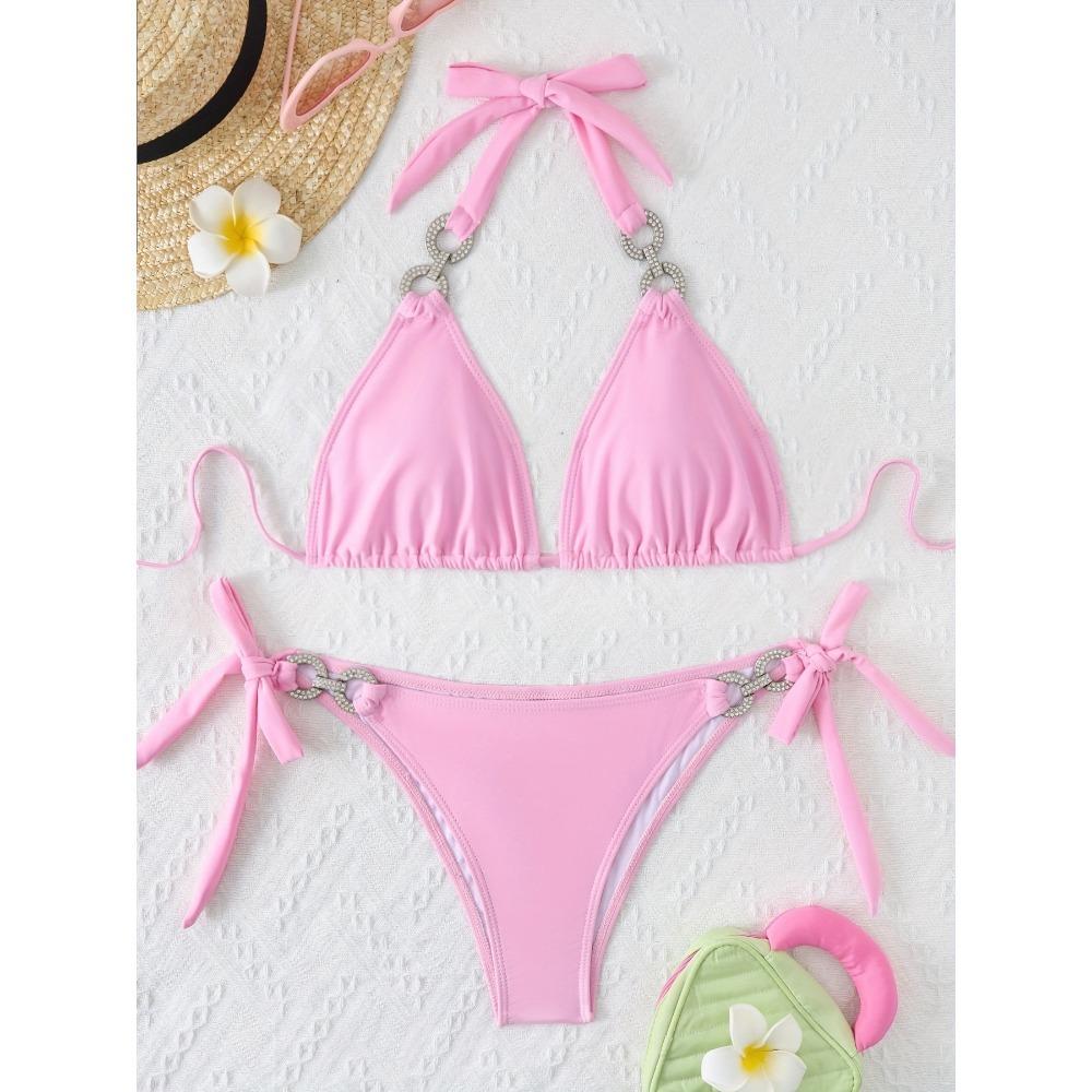 2-teiliges Strass-verziertes Dreieck-Bikini-Set Kettenglied-Neckholder-Bindeband, Funkelnder blauer Glitzer, Badeanzug für Karneval, Musikfestival,