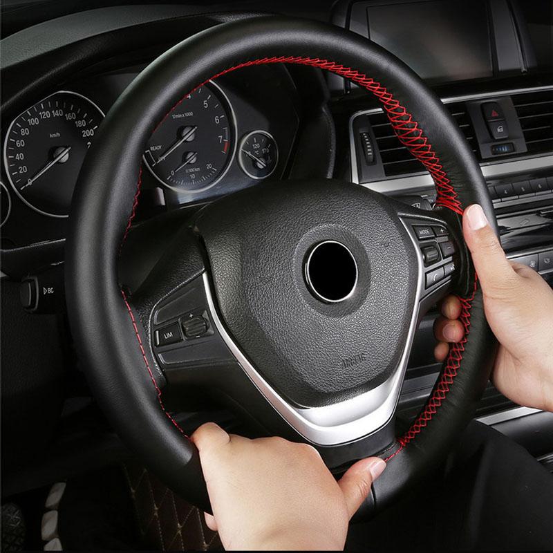 38cm 15inch Auto Stuurwielhoes Nappa Toplaag Koeienhuid Echt Leer Wiel Vlecht Cover Handgestikt Zachte Autoproducten