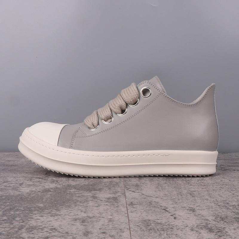 Men's Shoes Genuine Leather Jumbo Shoelace Women's Sneakers Fashion Black Solid Lace-up Men's Casual Shoes