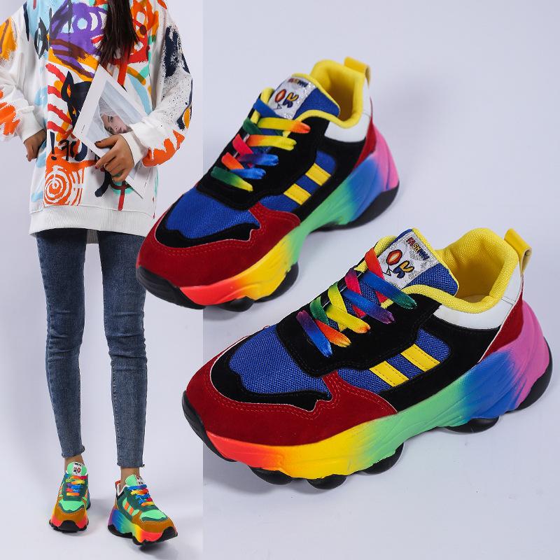 

Large size casual shoes, rainbow bottom, European and American fashion lace-up, fly-woven breathable casual sports shoes for women 35 зелений