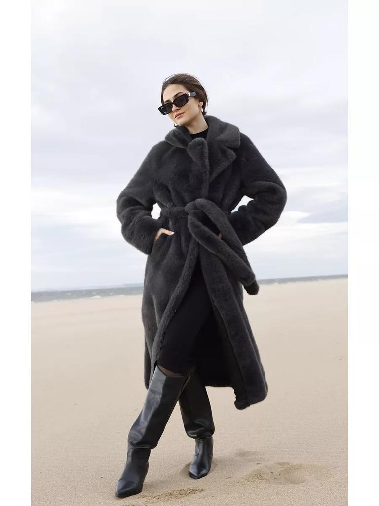 Faux Fur Long Coats Women Jackets Overcoats Lace Up Turn Down Collar Full Sleeve Open Stitch Thick Loose Y2k  Autumn Winter