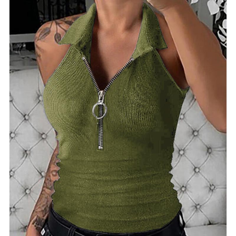 

Новый весенне-летний однотонный жилет на молнии с лацканами, женская модная повседневная футболка, женские футболки с открытыми плечами на бретелях 5XL