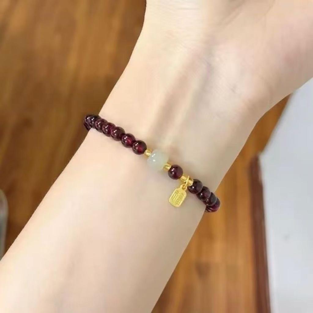 Women 6mm Garnet Bracelet, Fortune Pendant, Ethnic Style Handmade Gift