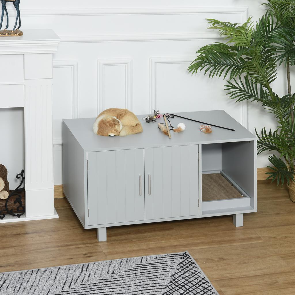 Wooden Cat Litter Box Enclosure & House with Nightstand/End Table Design, Scratcher, & Magnetic Doors, Grey