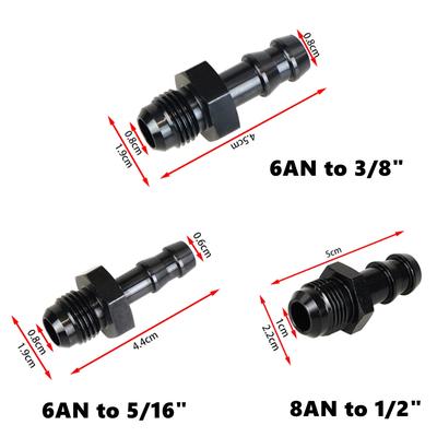 Adaptador de mangueira de 6AN Flare para 3/8" ou 5/16", conector de linha de combustível de alumínio macho 8AN para 1/2" com encaixe de pressão, preto