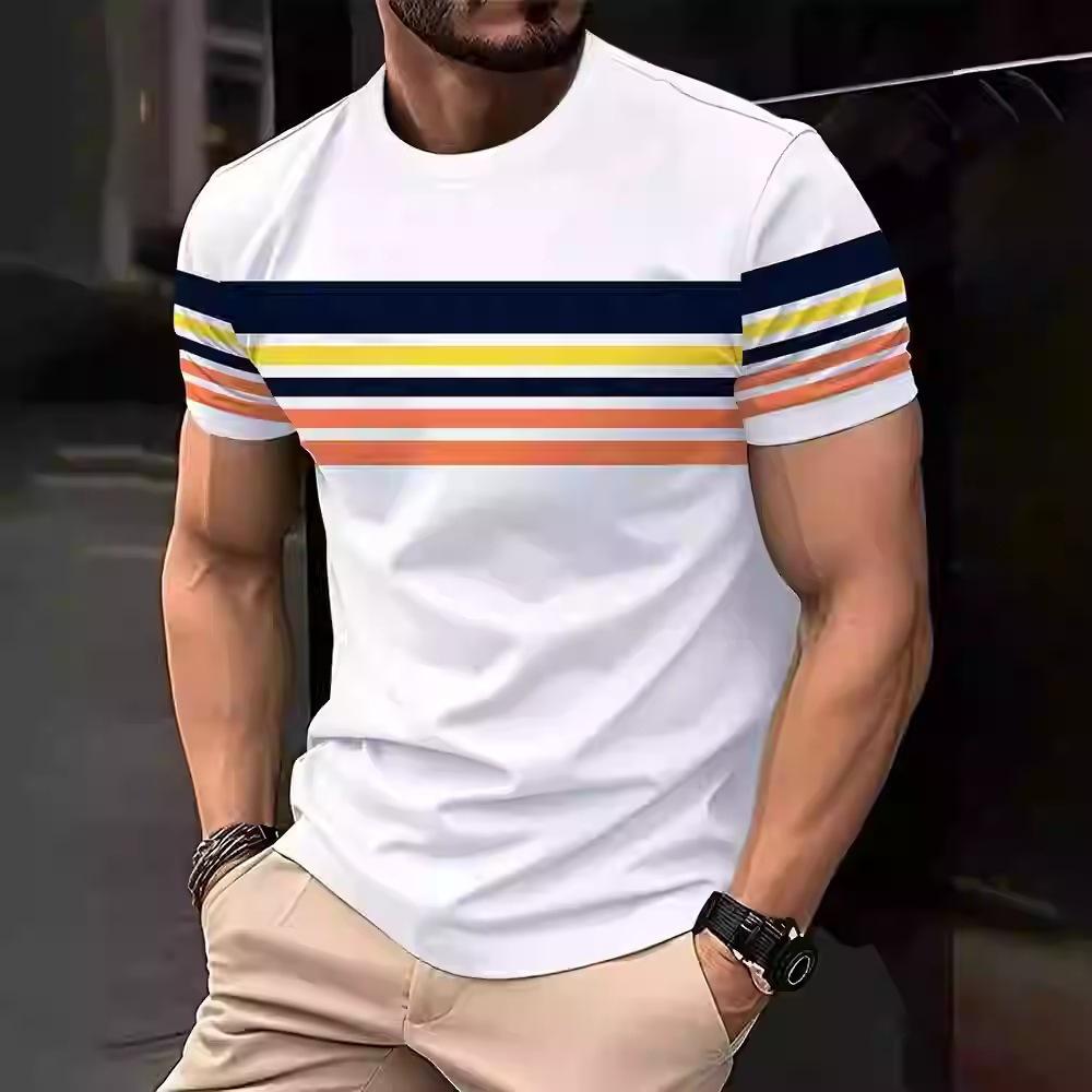 26. New Popular Casual and Comfortable Short-sleeve T-shirt, 3D Printing Technology, Suitable for Layering and Outerwear, Loose Striped Short-sleeve 