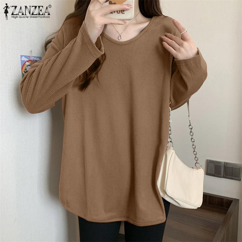 

ZANZEA Женская повседневная блузка с круглым вырезом и длинными рукавами с разрезом и подолом