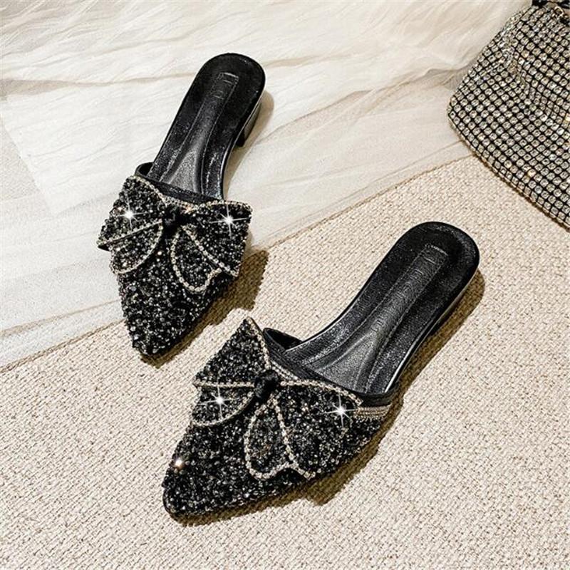 Women Slippers Fashion Rhinestone Sequins Slip On Square Heel Pumps Lady Classic Black Beige High Quality Comfort Summer Shoes