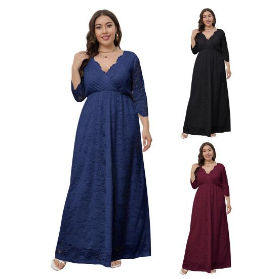 Women Maxi Dress V-Neck 45720 Sleeve High Waist Long Dress Embroidery Lace Flower Wedding Vacation