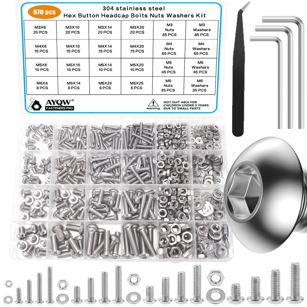 670pcs Stainless Steel Allen Screw and Bolt Combination Set | M3, M4, M5, M6 Hex Head