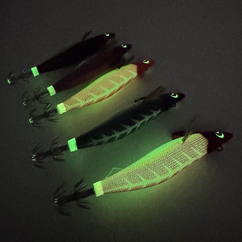 Bionic Luminous Squid Jig Hooks Lead Head Wood Shrimp Egi Lures High Penetration for Octopus Cuttlefish Sea Fishing