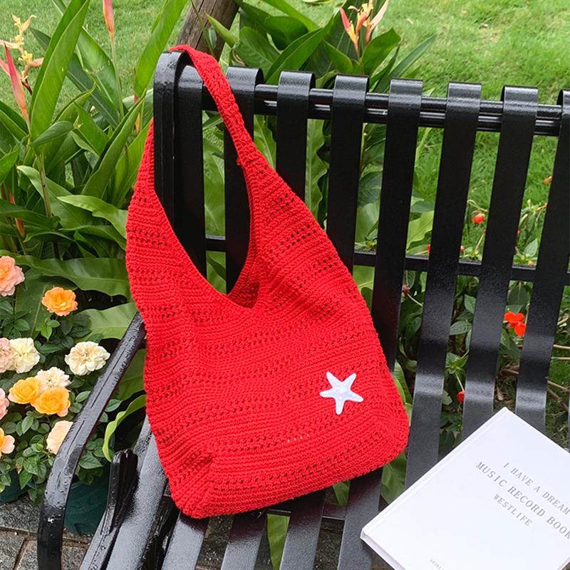 

Yogodlns Women Knitting Shoulder Bag Large Capacity Knitting Underarm Bag Solid Crochet Tote Handbag Summer Mesh Beach Bag 38x14x35cm красный