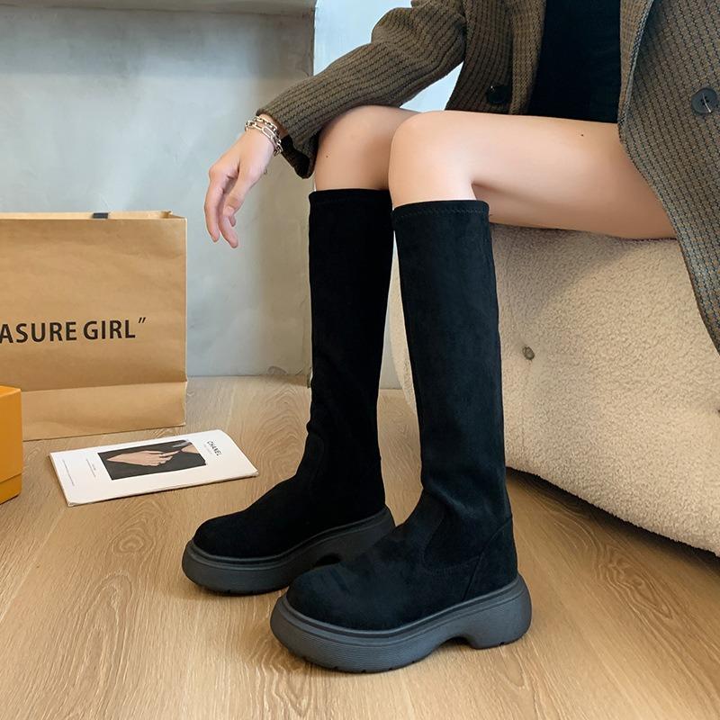 But Knee Boots Women's Flat Bottom New Spring and Autumn Elastic Thin Boots Small Long Boots High Martin Boots