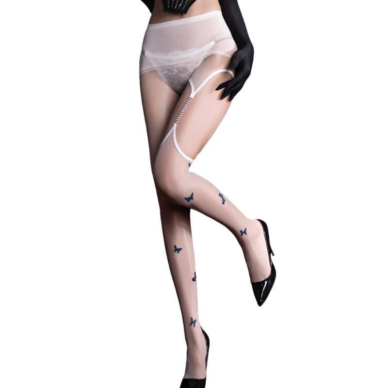 Women's Butterfly Print Oil Glossy Sheer Pantyhose Shimmery Tights With Hollowout Rhinestones Chain Garter Stockings