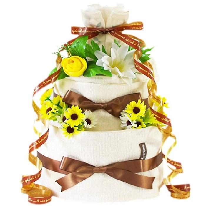 [Organic Cotton] Diaper Cake 3-Tier Gift Set (Pampers Tape Type S) Natural