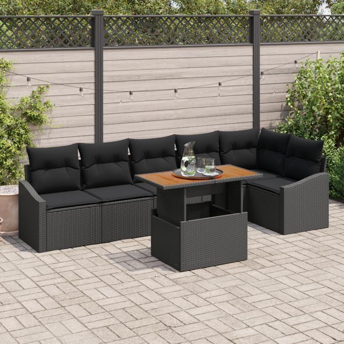 VidaXL Ensemble de salle à manger de jardin 7 pièces avec coussins en poly rotin noir et acacia 3349848