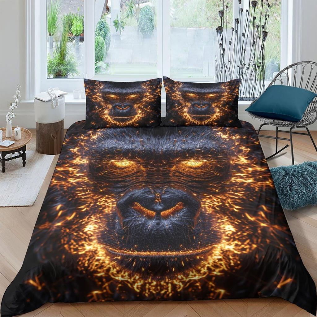 3D Gorilla Bettbezug Kopfhörer Gorilla Bettwäscheset Wildtiermuster Bettdeckenbezug Aquarell Blau Polyester Steppdeckenbezug