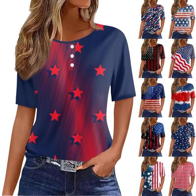 Women's T Shirt Tee Independence Day Print Button Short Sleeve Daily Weekend Fashion Basic Round Neck  Regular Top