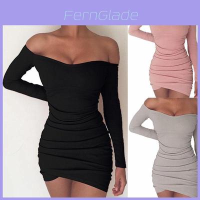 Robe Mini Bodycon Élégante pour Femme Manches Longues Décolleté Bardot Soirée Cocktail Fête Club Us