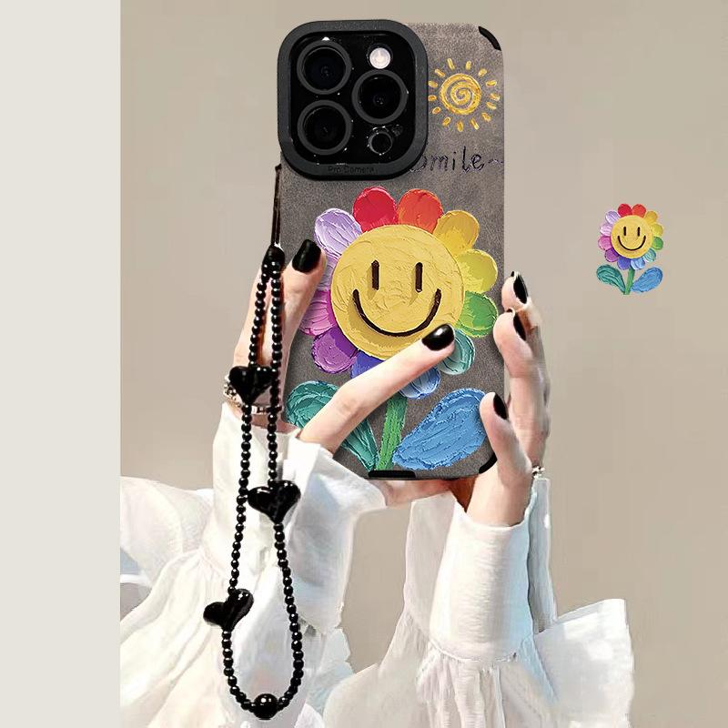 Oil Painting Sunflower Chain Is Suitable for Apple 16promax Mobile Phone Case 13 Abrasion 15 Soft Silicone 14 All-inclusive Anti-drop