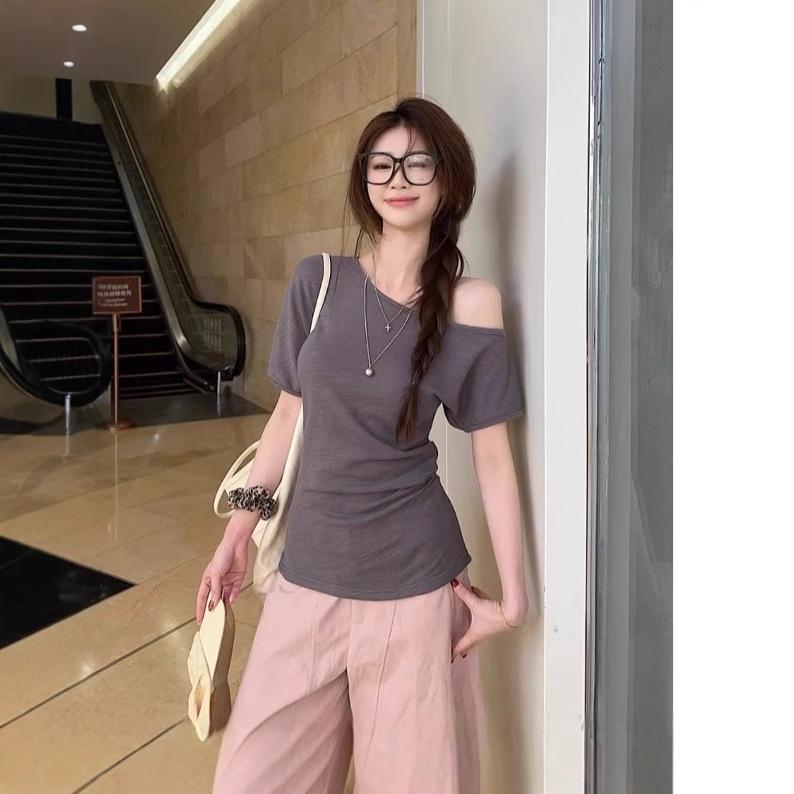 Korejské Niche Žluté Bodycon Tričko s Jedním Ramenem pro Ženy - Letní Top Zeštíhlující Pas