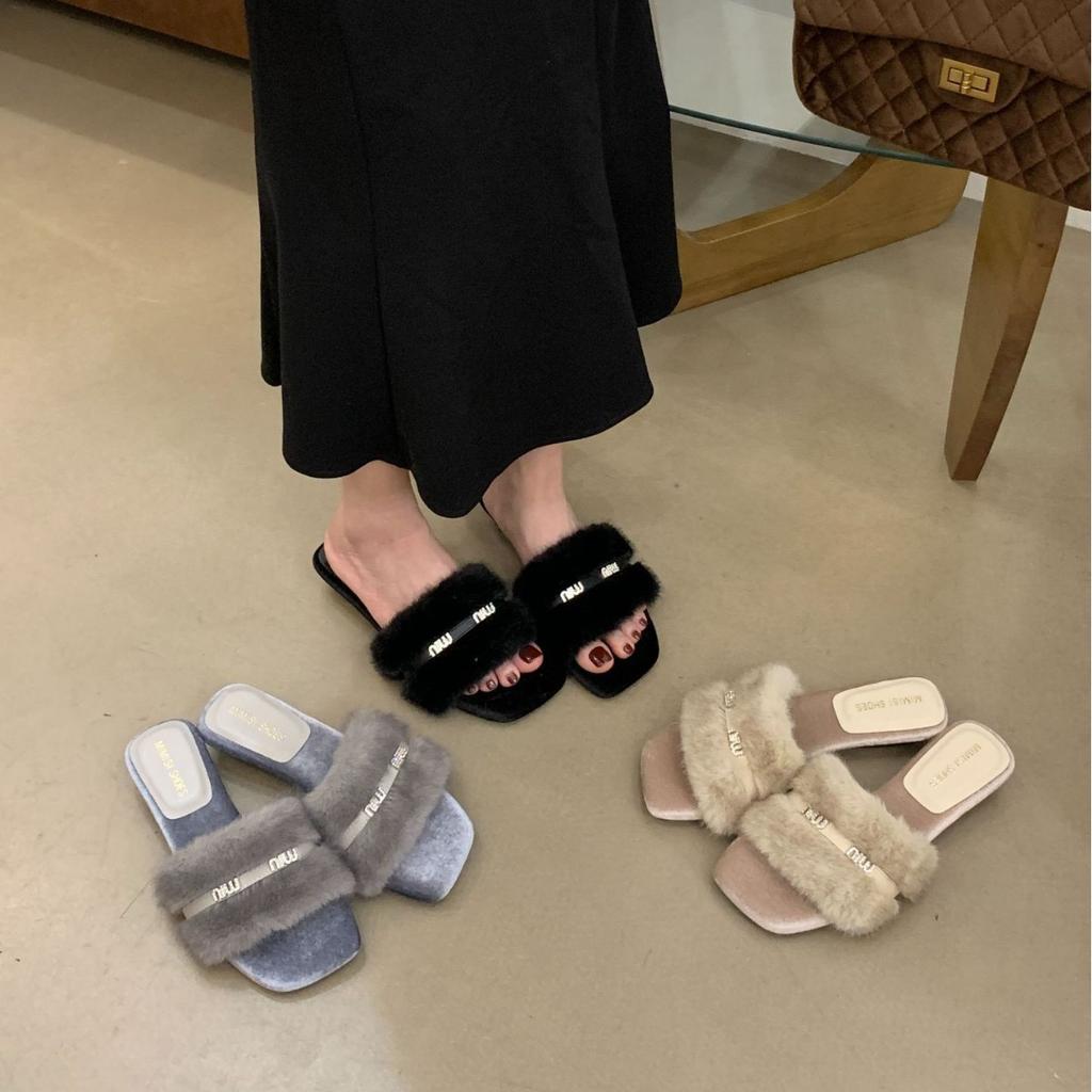 French Retro Flats Women Wear Gray Small Fragrant Style Word with Lazy Fluffy Half Slippers Internet Celebrity Ins