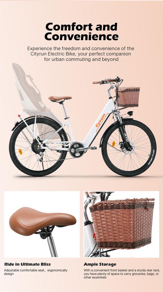 Cysum Cityrun Electric City Bike 26-Inch Tire 250W Motor 36V10Ah Built-in Battery 60–80 Km Max Range Shimano 7-Speed