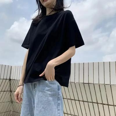 T-shirt Noir Uni à Manches Courtes pour Femme, Version Coréenne Lâche, Polyvalent, pour Étudiants, Été