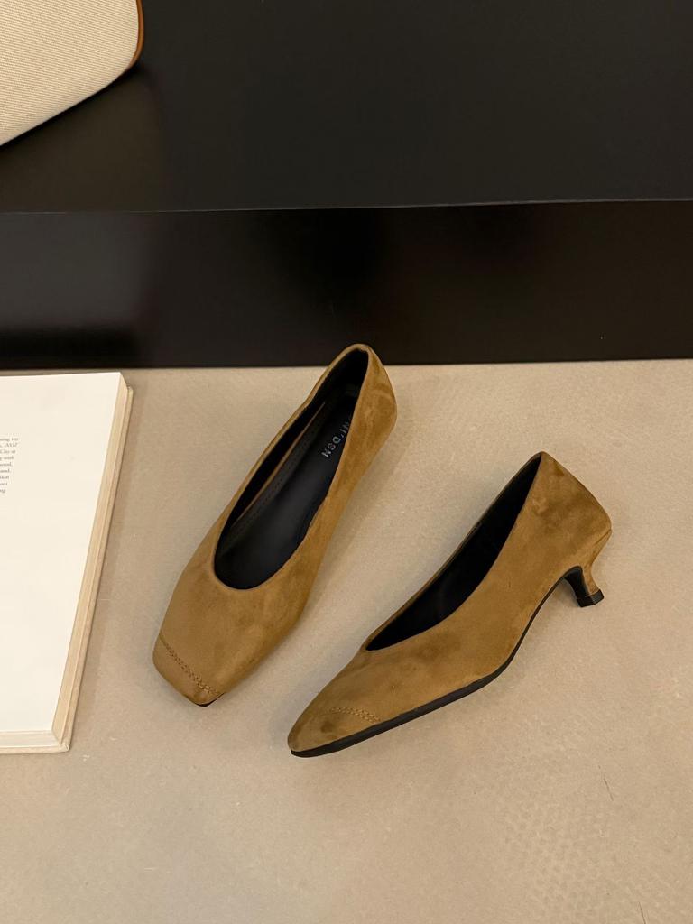 French kitten heel square head shallow mouth single shoes women's shoes spring and autumn 2025 new suede stiletto evening shoes