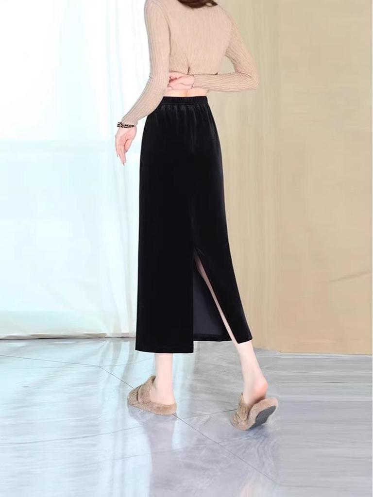 Women's Black Velvet High Waist Slit Midi Skirt - Spring/Autumn 2026
