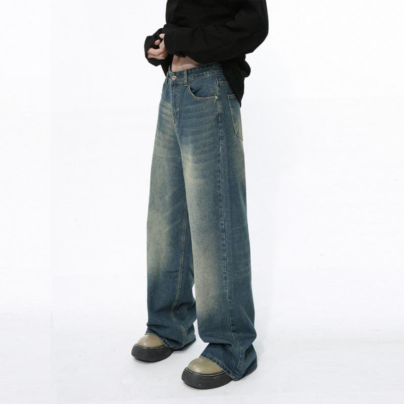 Korean-style distressed vibe design retro blue casual wide-leg straight men's jeans trendy