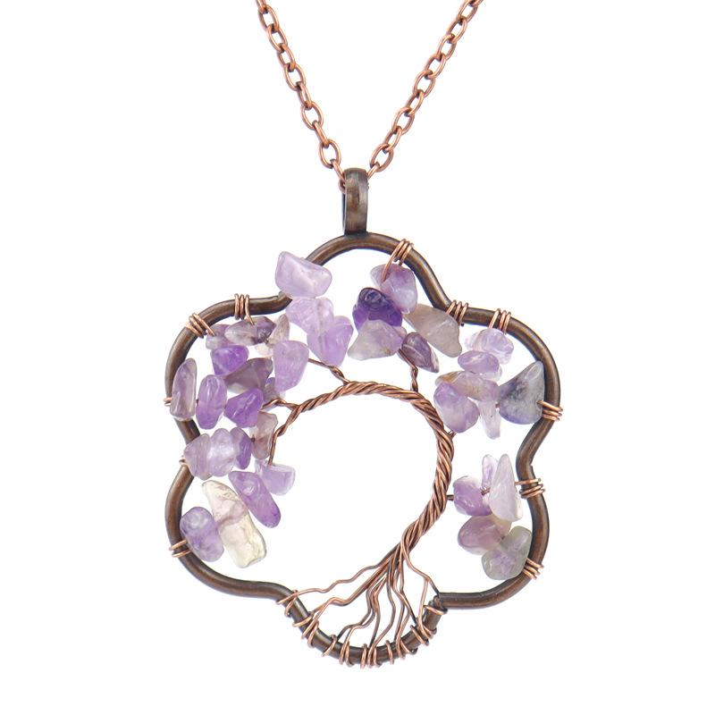 Vintage Sunflower Hand-Wound Tree of Life Necklace with Crushed Stone Crystal Pendant