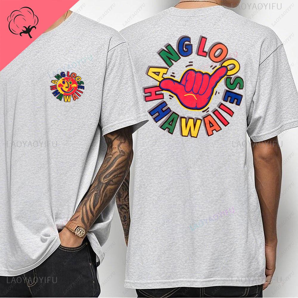 Hawaiian Style Mens Casual Tshirt Island Hanging Pine Shaka Surfboard Mens and Womens White Cotton Tee Retro Beach Surf Tops