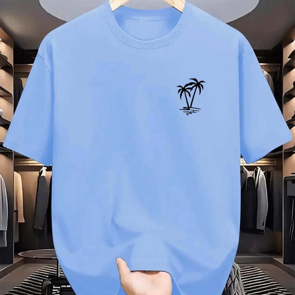 Men's summer 100% cotton fashionable casual loose coconut tree pattern printed sports round neck short sleeved T-shirt top