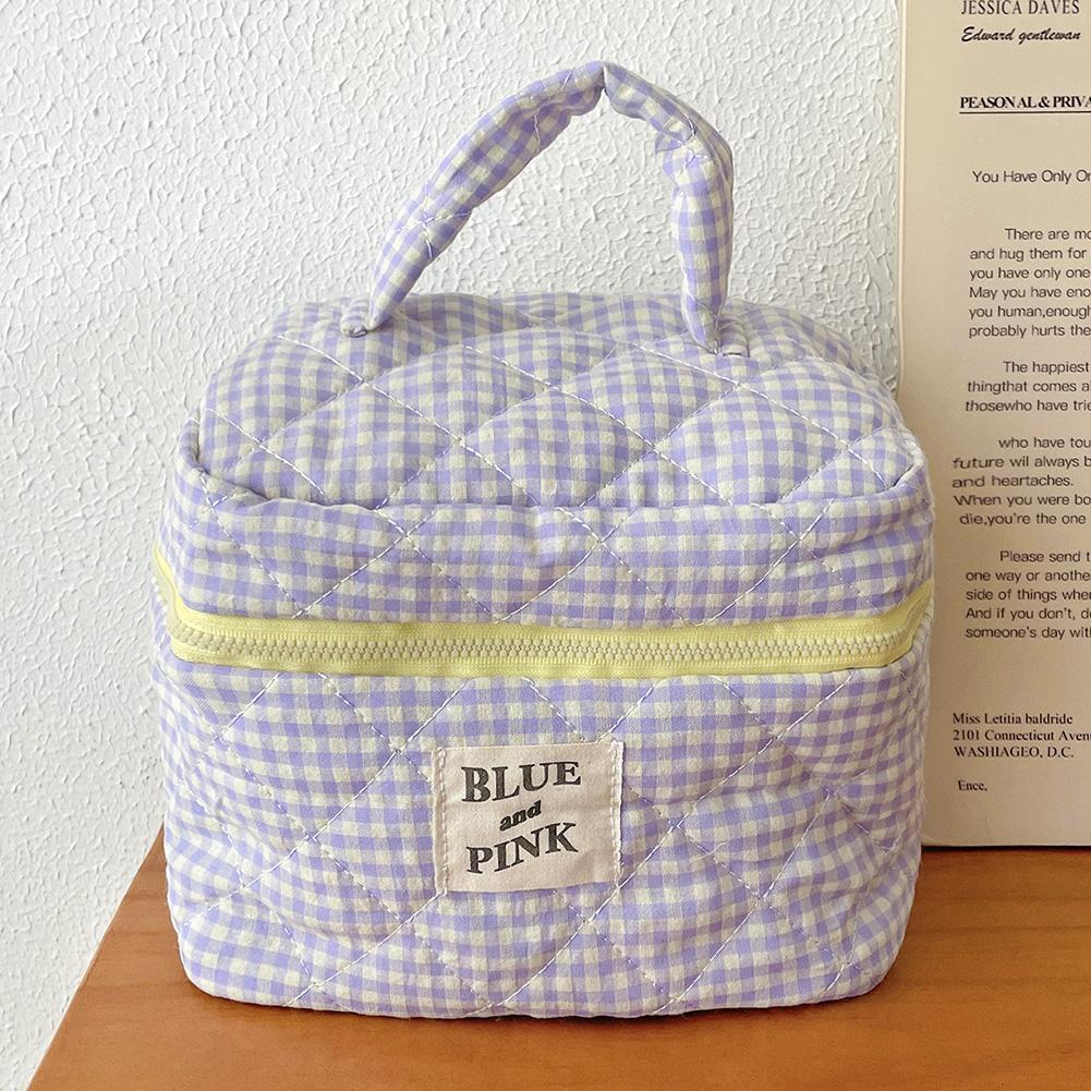 Women Checkered Makeup Bag Fashion Sweet Cotton Makeup Brushes Storage Bag Soft Fabric Organizer Pouch Cute Travel Toiletry Bag