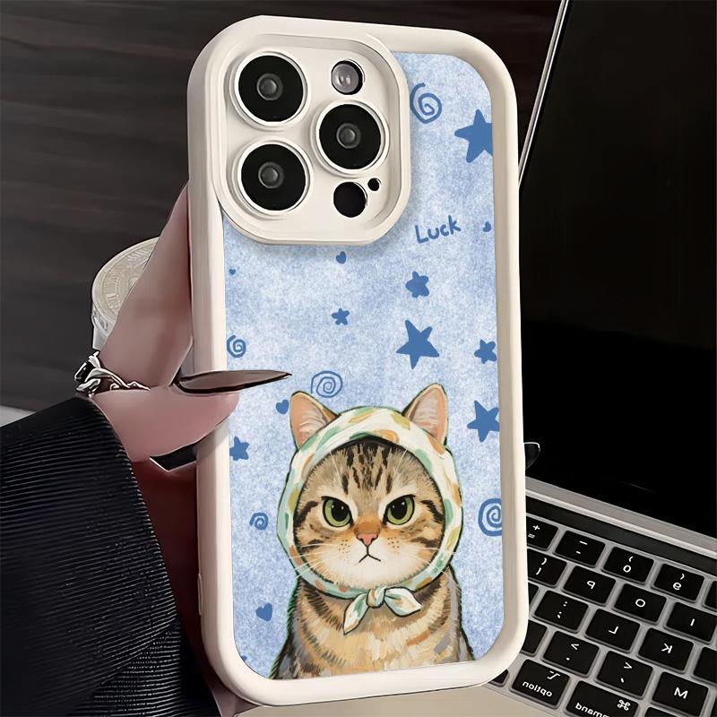 Phone Case for iPhone 17 Air 16E 15 16 Pro Max Cute Floral Headscarf Kitten Cover 14 Plus 13 12 Mini Soft Shell Silicone Fundas