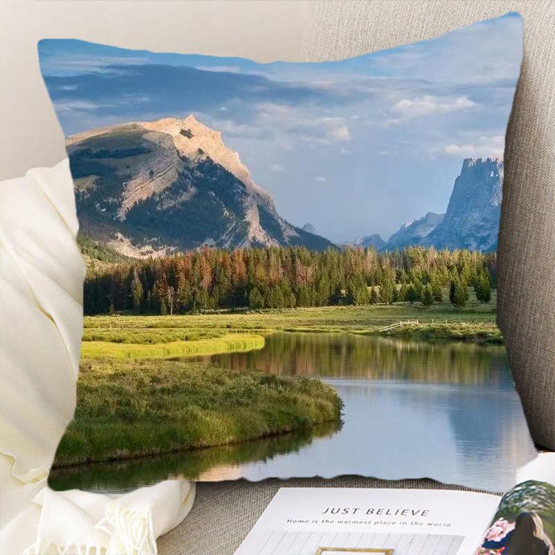 "Nature's Wonders Throw Pillow Covers - Mountain, Waterfall & Sunset Scenic Cushion Cases"