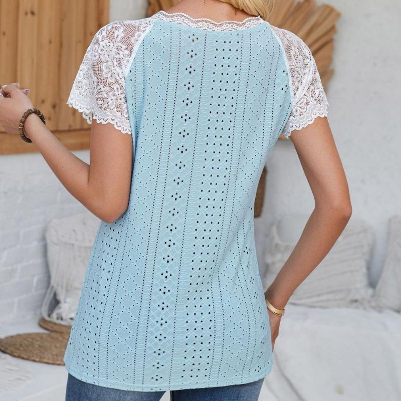 Women's Spring Summer V-neck Lace Splicing Loose Casual T-shirt