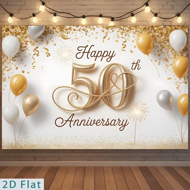 2D White Gold 50th Wedding Anniversary Backdrop Party Background Cloth