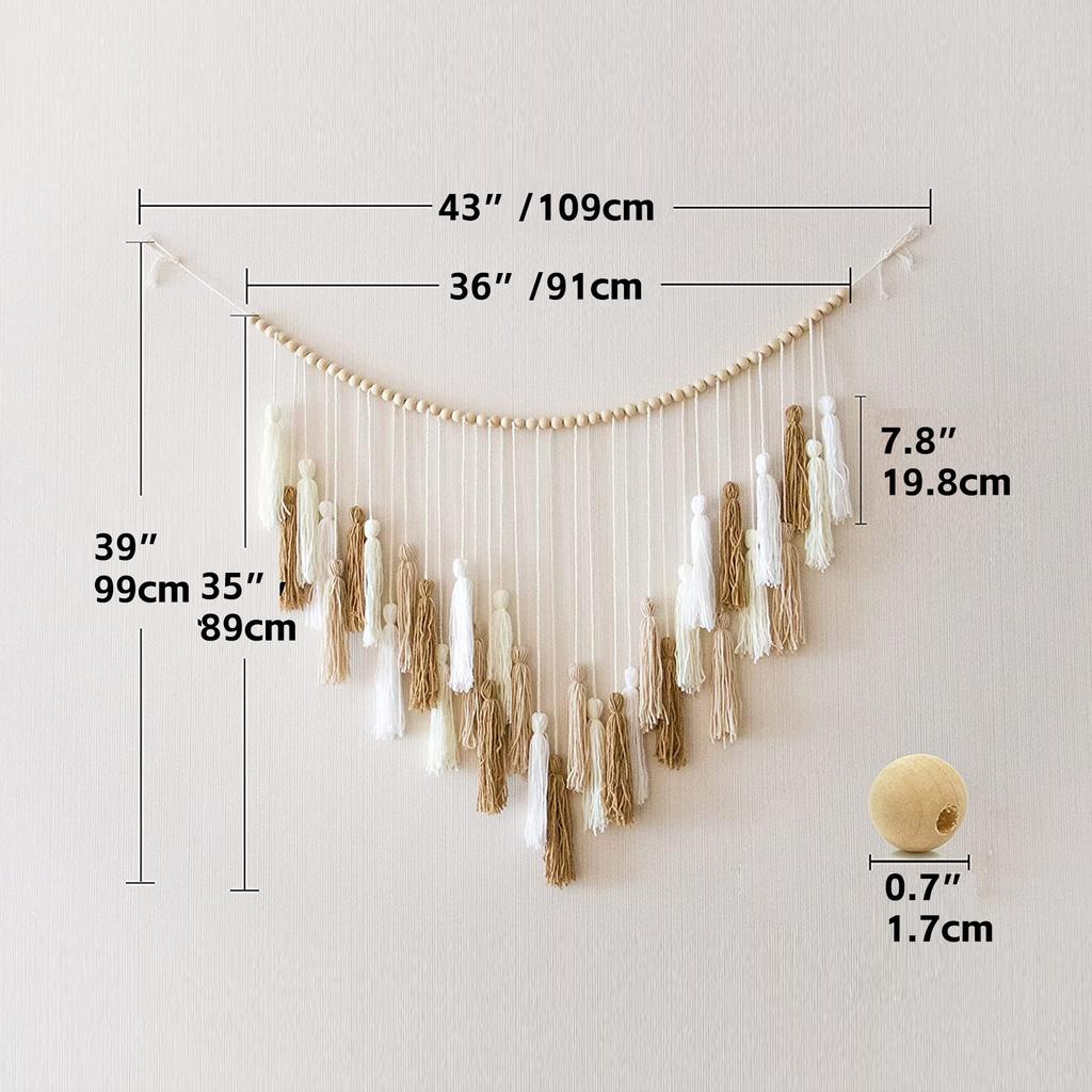 1pcs Bohemian Macrame Wall Hanging with Wood Beads & Fringe, Cotton Rope Woven Tapestry for Home Decor